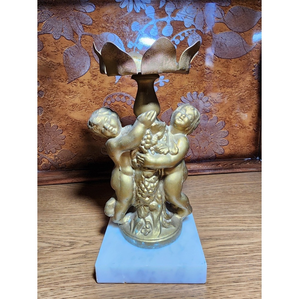 Vintage 1950s Italian Pedestal Cherub Candle Holder Marble Base